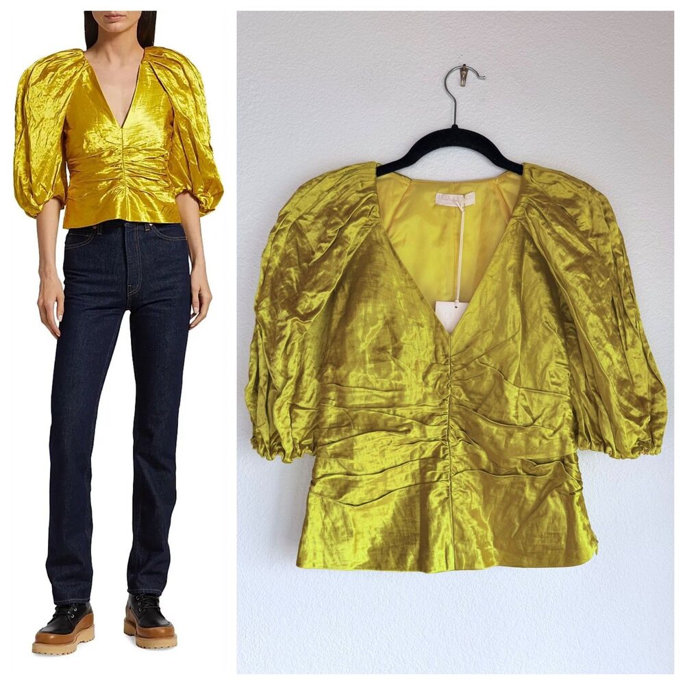 NWT Ulla Johnson AW22 Vera Metallic Puff-Sleeve VNeck Ruched Top in Golden Beryl